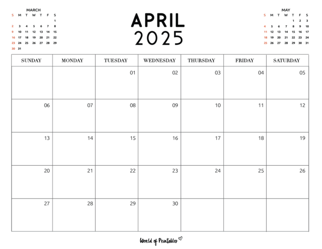 April 2025 Calendar With Previous and Next Month Mini Calendars