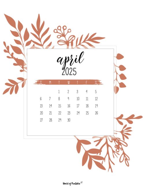 April 2025 Calendar With Terracotta Leaves and Elegant Script Font