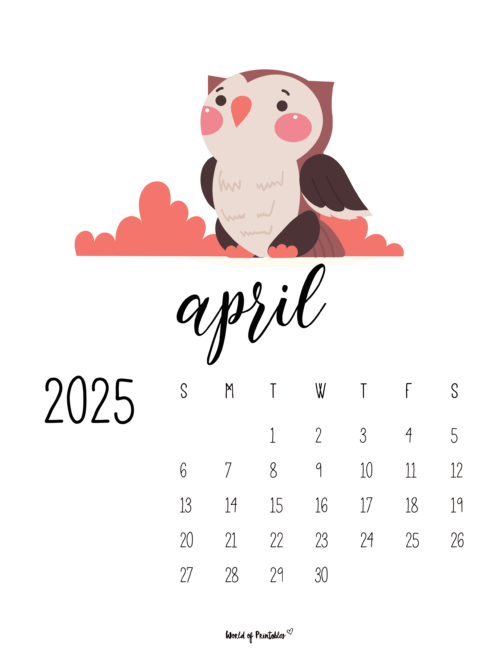 April 2025 Calendar With a Cute Owl Illustration