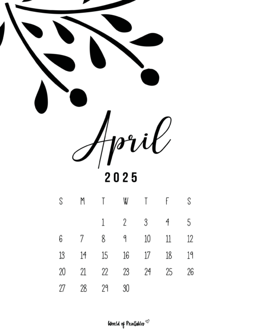 Black and White April 2025 Calendar With Minimalist Leaf Design