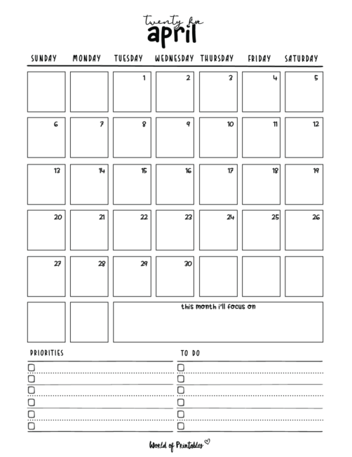 Black and White April 2025 Calendar With Priorities to-Do List and Focus Section