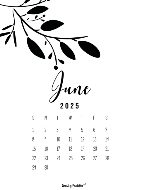 Black and White June 2025 Calendar With Minimalist Leaf Design