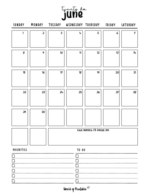 Black and White June 2025 Calendar With Priorities to-Do List and Focus Section