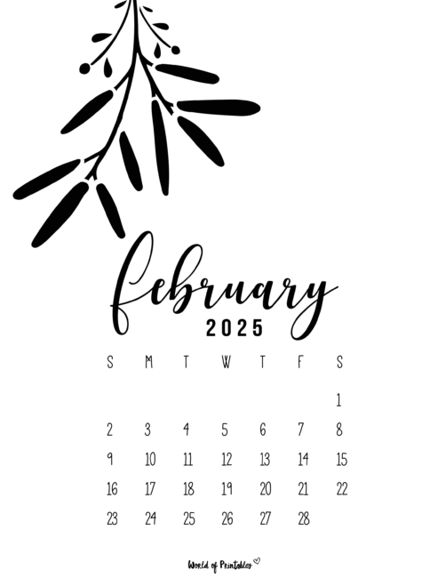 Black and white february 2025 calendar with minimalist leaf design