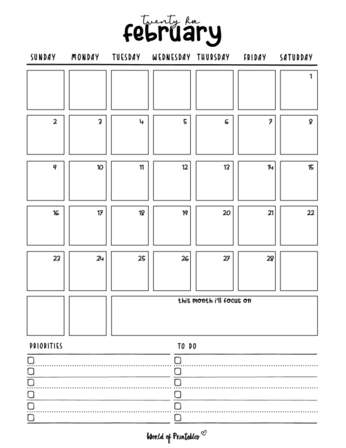 Black and white february 2025 calendar with priorities to-do list and focus section