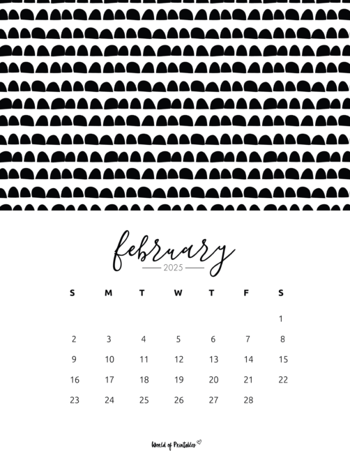 Black and white pattern with february 2025 calendar below