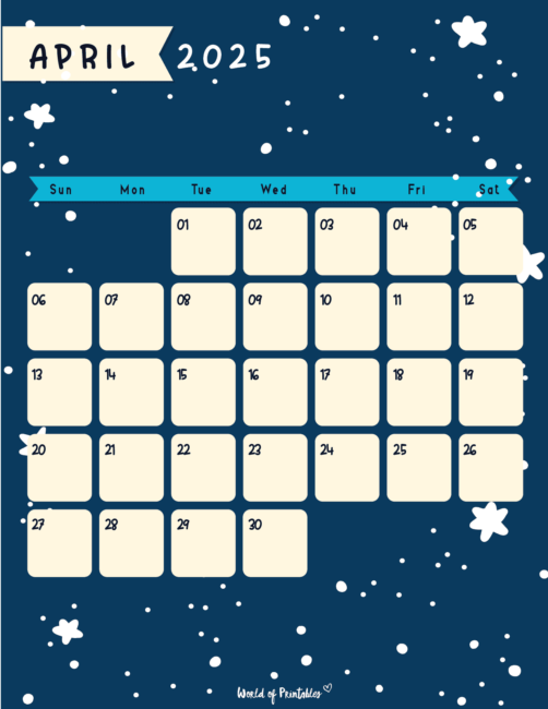 Blue April 2025 Calendar With Cream-Colored Dates and Starry Background