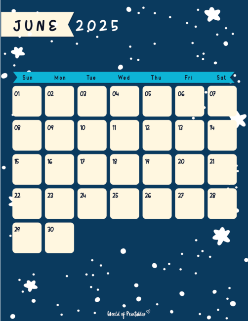 Blue June 2025 Calendar With Cream-Colored Dates and Starry Background