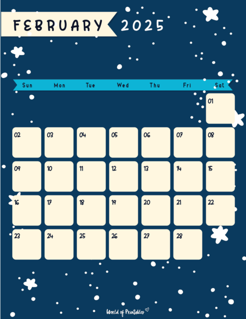 Blue february 2025 calendar with cream-colored dates and starry background