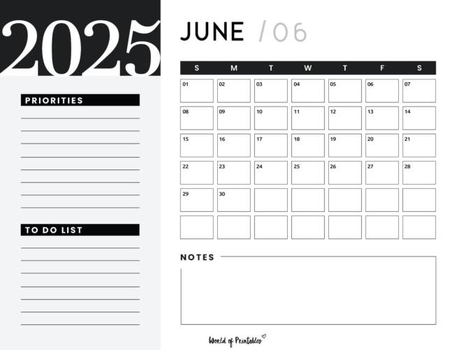 Bold June 2025 Calendar With Priorities and to-Do List and Notes Sections