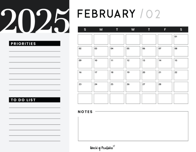 Bold february 2025 calendar with priorities and to-do list and notes sections