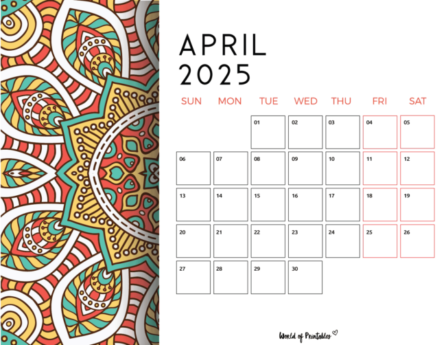 Colorful April 2025 Calendar With Decorative Mandala Side Pattern and Highlighted Weekends