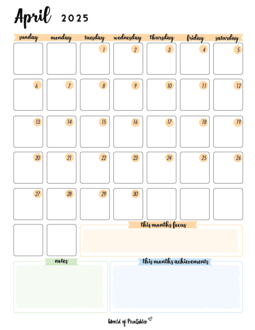 Colorful April 2025 Calendar With Sections for Focus and Achievements and Notes