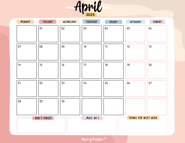 Colorful April 2025 Calendar With Sections for Reminders Must-Do'S and Upcoming Tasks