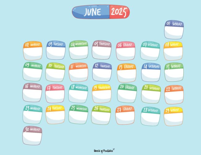 Colorful June 2025 Calendar Whimsical and Hand-Drawn Style and Vibrant Colors