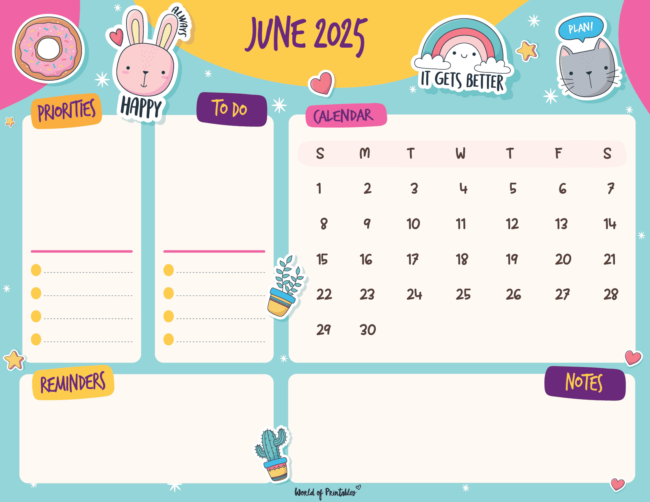 Colorful June 2025 Calendar With Cute Illustrations Along With Reminders and Notes Sections