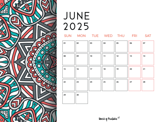 Colorful June 2025 Calendar With Decorative Mandala Side Pattern and Highlighted Weekends