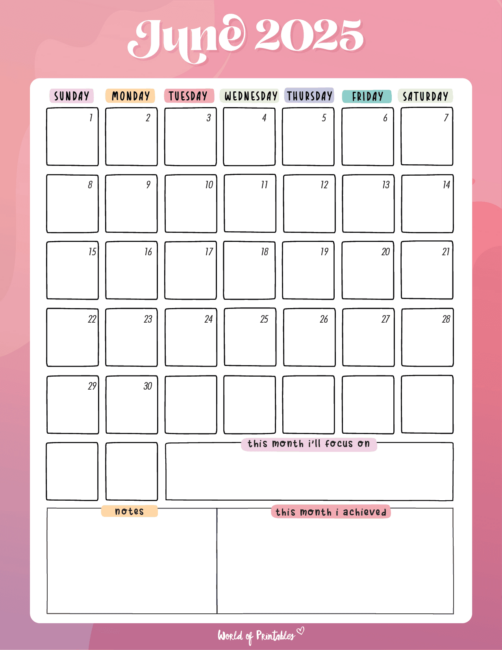 Colorful June 2025 Calendar With Focus and Notes and Achievements Sections