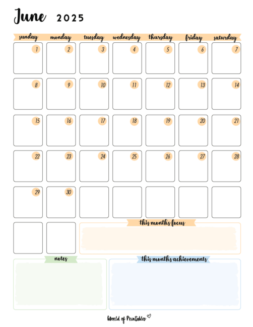 Colorful June 2025 Calendar With Sections for Focus and Achievements and Notes