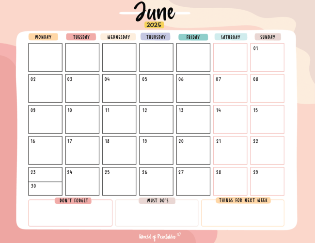 Colorful June 2025 Calendar With Sections for Reminders Must-Do'S and Upcoming Tasks