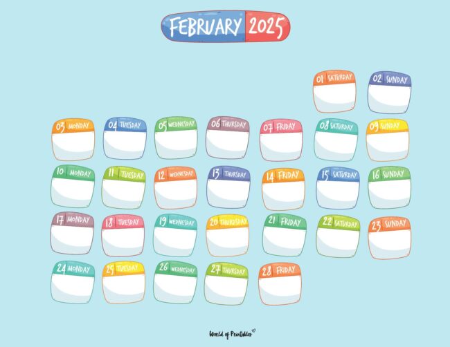 Colorful february 2025 calendar whimsical and hand-drawn style and vibrant colors
