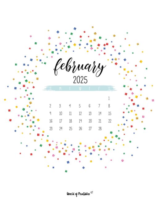 Colorful february 2025 calendar with confetti and elegant script font