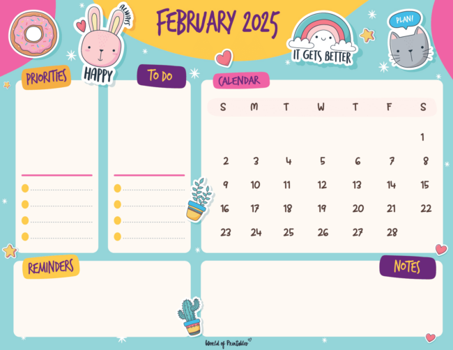 Colorful february 2025 calendar with cute illustrations along with reminders and notes sections