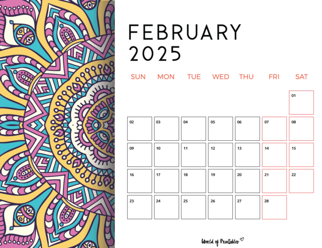 Colorful february 2025 calendar with decorative mandala side pattern and highlighted weekends