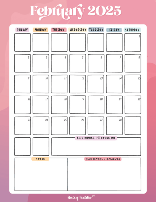 Colorful february 2025 calendar with focus and notes and achievements sections