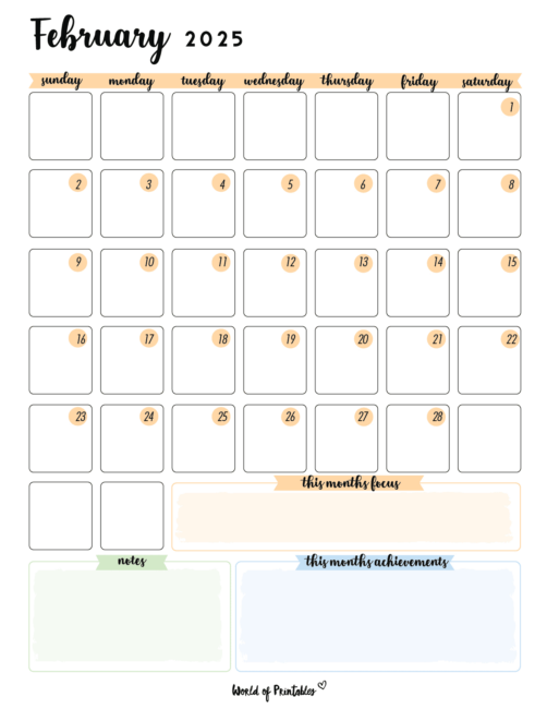 Colorful february 2025 calendar with sections for focus and achievements and notes