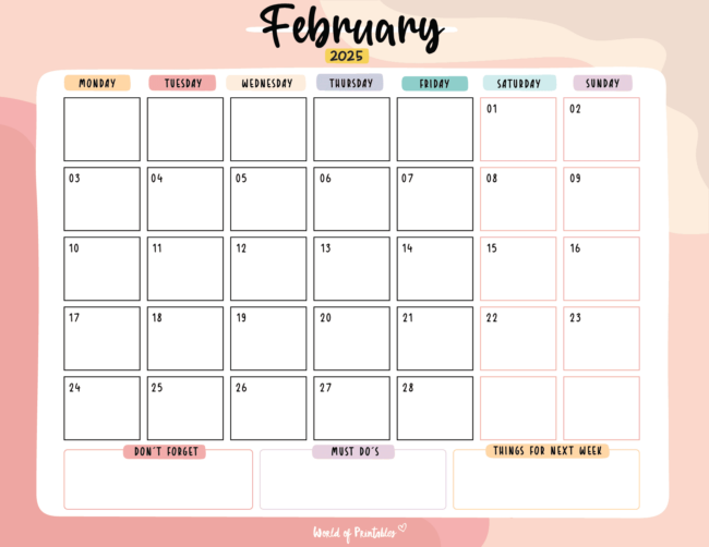 Colorful february 2025 calendar with sections for reminders must-do's and upcoming tasks