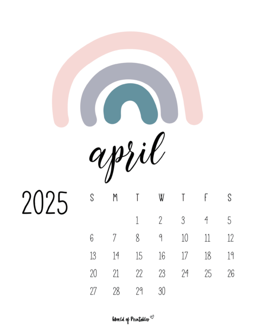 Cute April 2025 Calendar With Pastel Rainbow Illustration