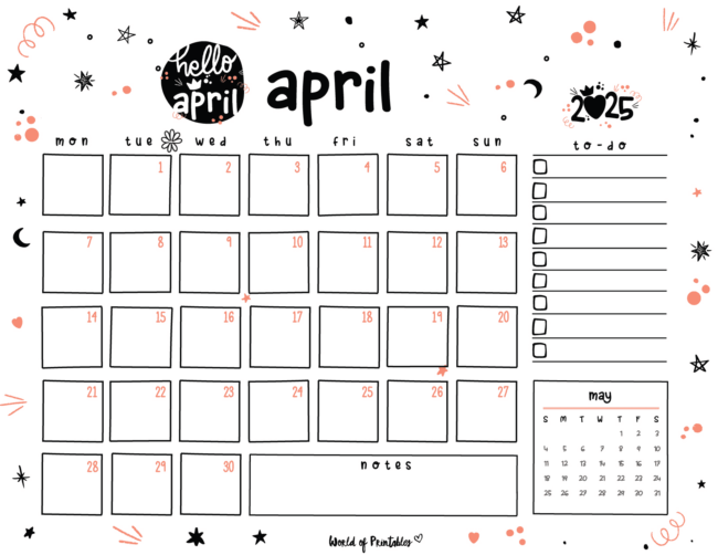 Cute April 2025 Calendar With Playful Doodles With Notes and to-Do List Sections