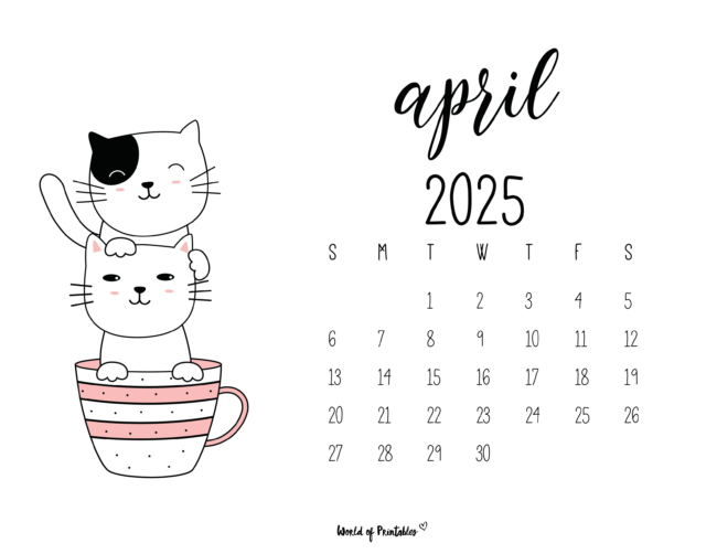 Cute April 2025 Calendar With Stacked Cats in Teacups Illustration