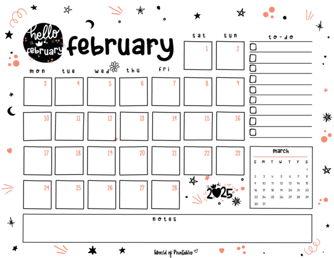 Cute February 2025 calendar with playful doodles with notes and to-do list sections
