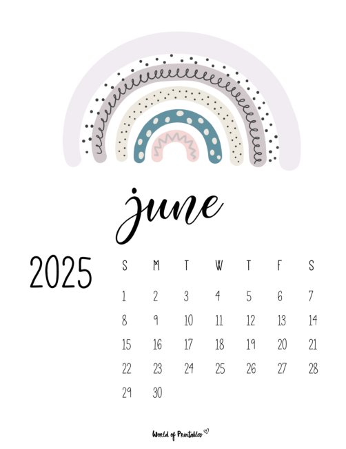 Cute June 2025 Calendar With Pastel Rainbow Illustration