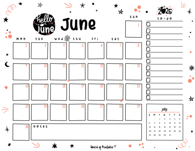 Cute June 2025 Calendar With Playful Doodles With Notes and to-Do List Sections
