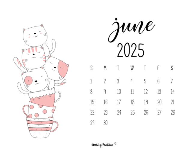 Cute June 2025 Calendar With Stacked Cats in Teacups Illustration