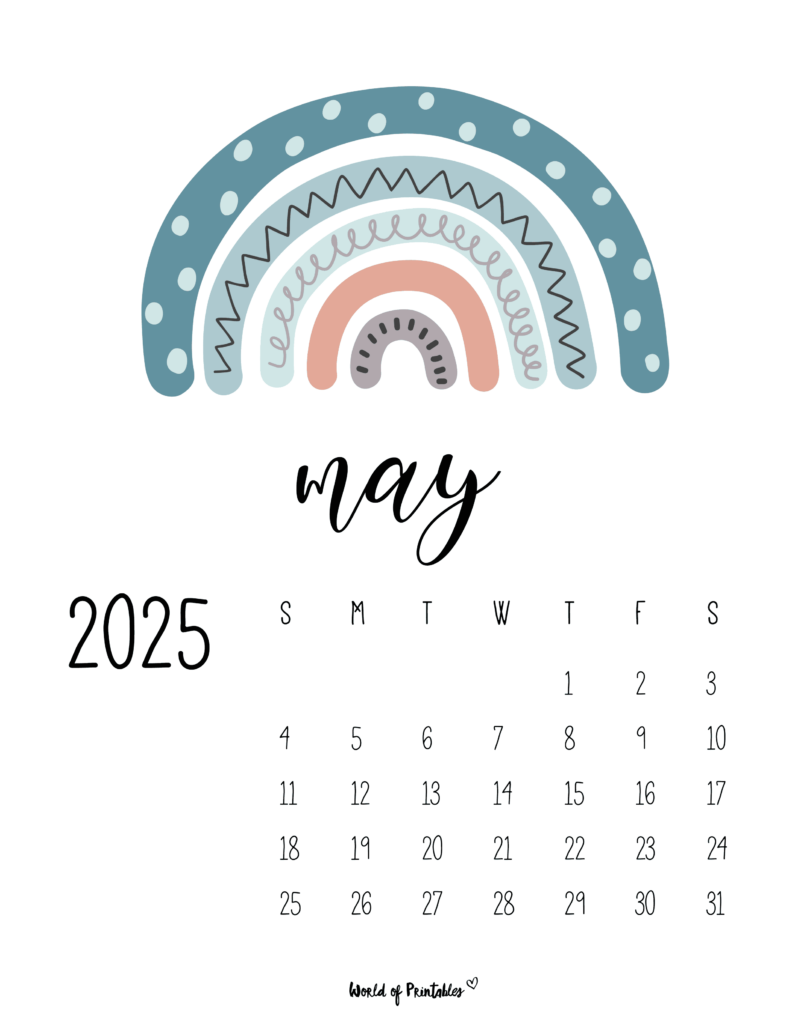 Cute May 2025 Calendar With Pastel Rainbow Illustration