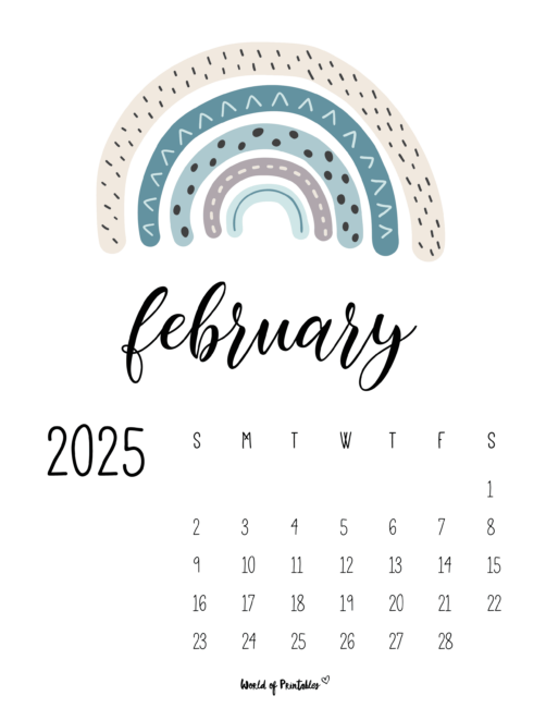 Cute february 2025 calendar with pastel rainbow illustration