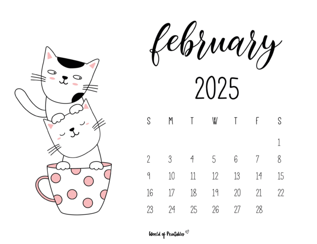 Cute february 2025 calendar with stacked cats in teacups illustration