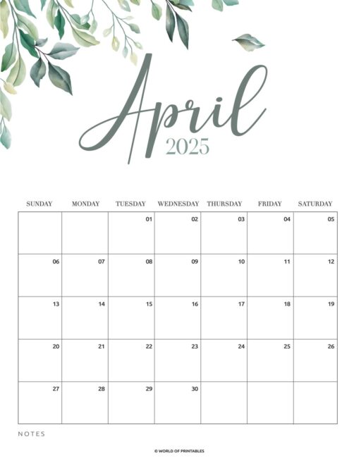 Decorative April 2025 Calendar With Green Leaves and Minimalist Design.