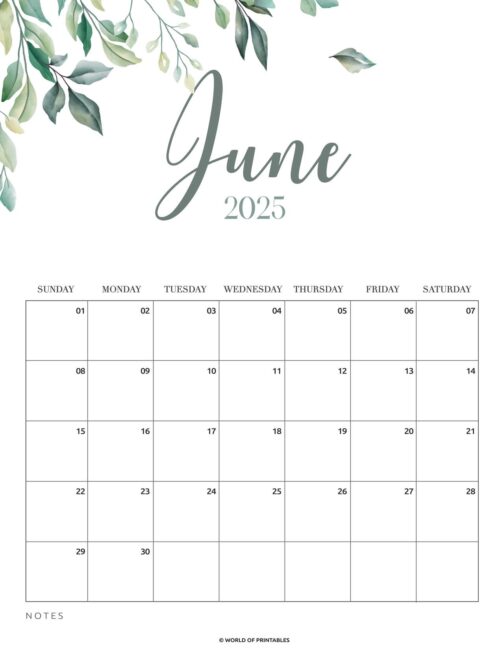 Decorative June 2025 Calendar With Green Leaves and Minimalist Design.
