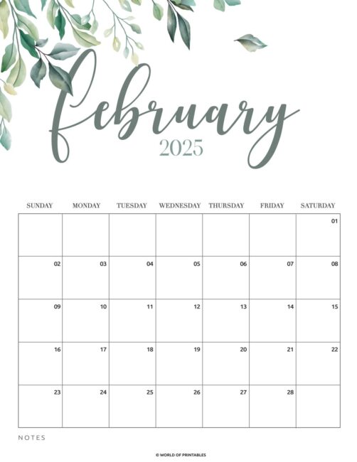 Decorative february 2025 calendar with green leaves and minimalist design.