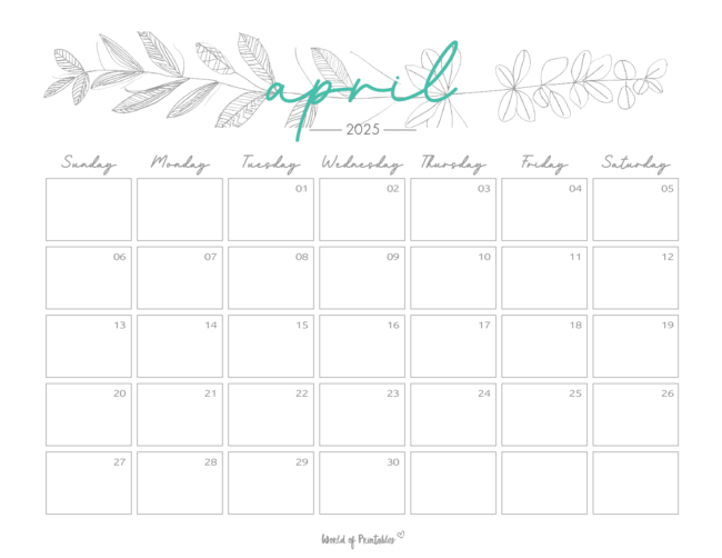 Elegant April 2025 Calendar With Botanical Border and Cursive Teal Header