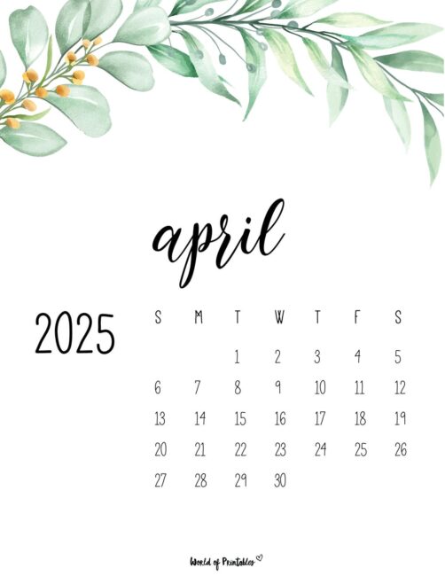 Elegant April 2025 Calendar With Watercolor Foliage Decoration