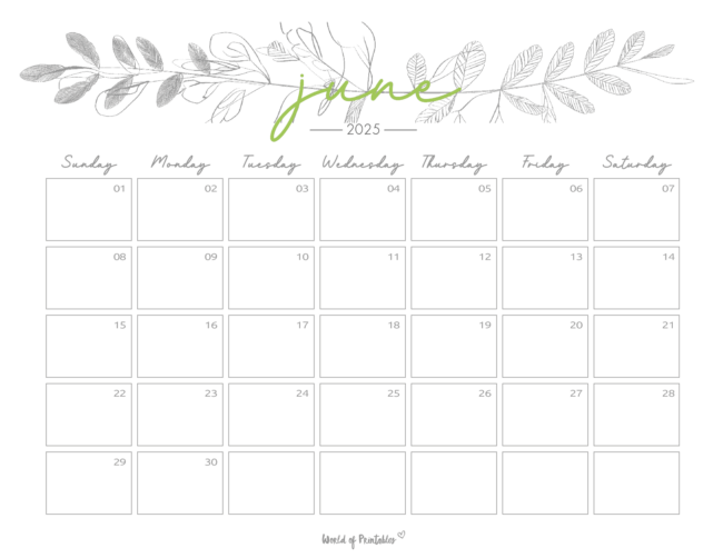 Elegant June 2025 Calendar With Botanical Border and Cursive Green Header