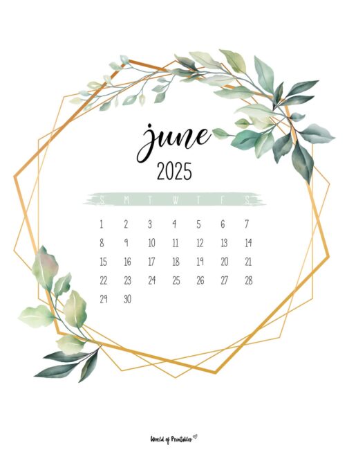 Elegant June 2025 Calendar With Gold Geometric Frame and Leaves