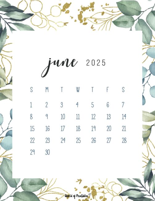 Elegant June 2025 Calendar With Green Leaves and Gold Accents