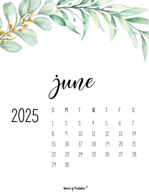 Elegant June 2025 Calendar With Watercolor Foliage Decoration